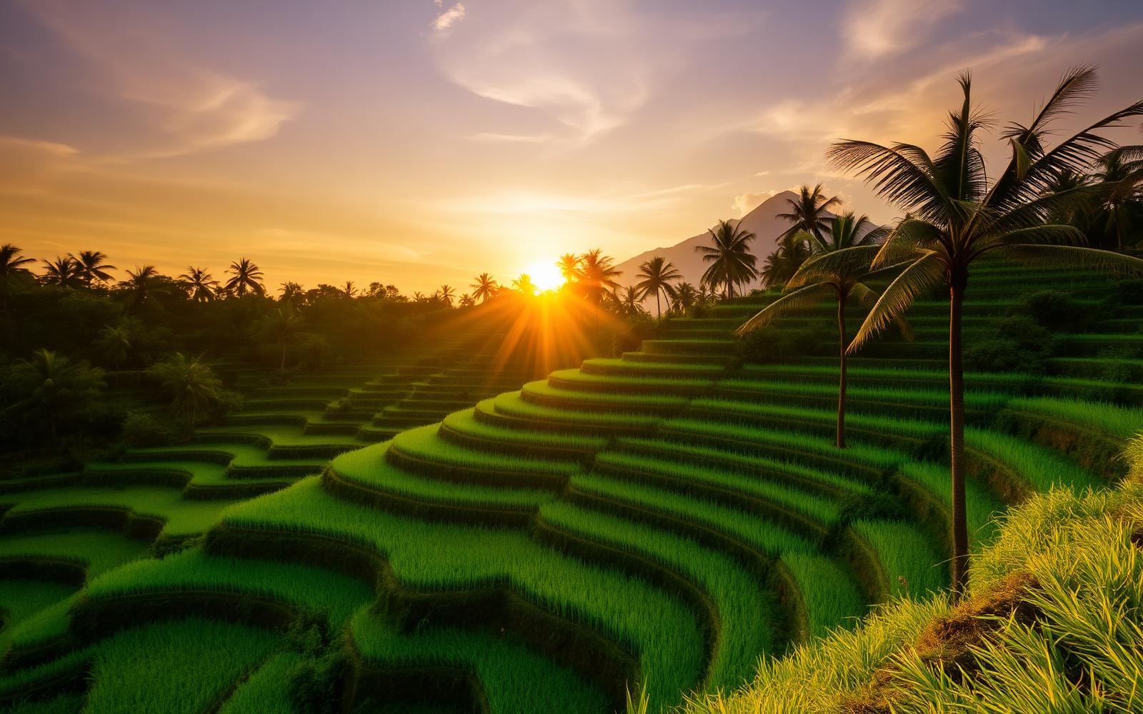 Sunrise over the emerald green rice terraces of Tegallalang in Bali