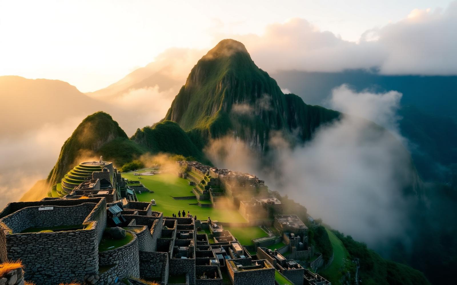 Mist rolling over the ancient ruins of Machu Picchu at sunrise