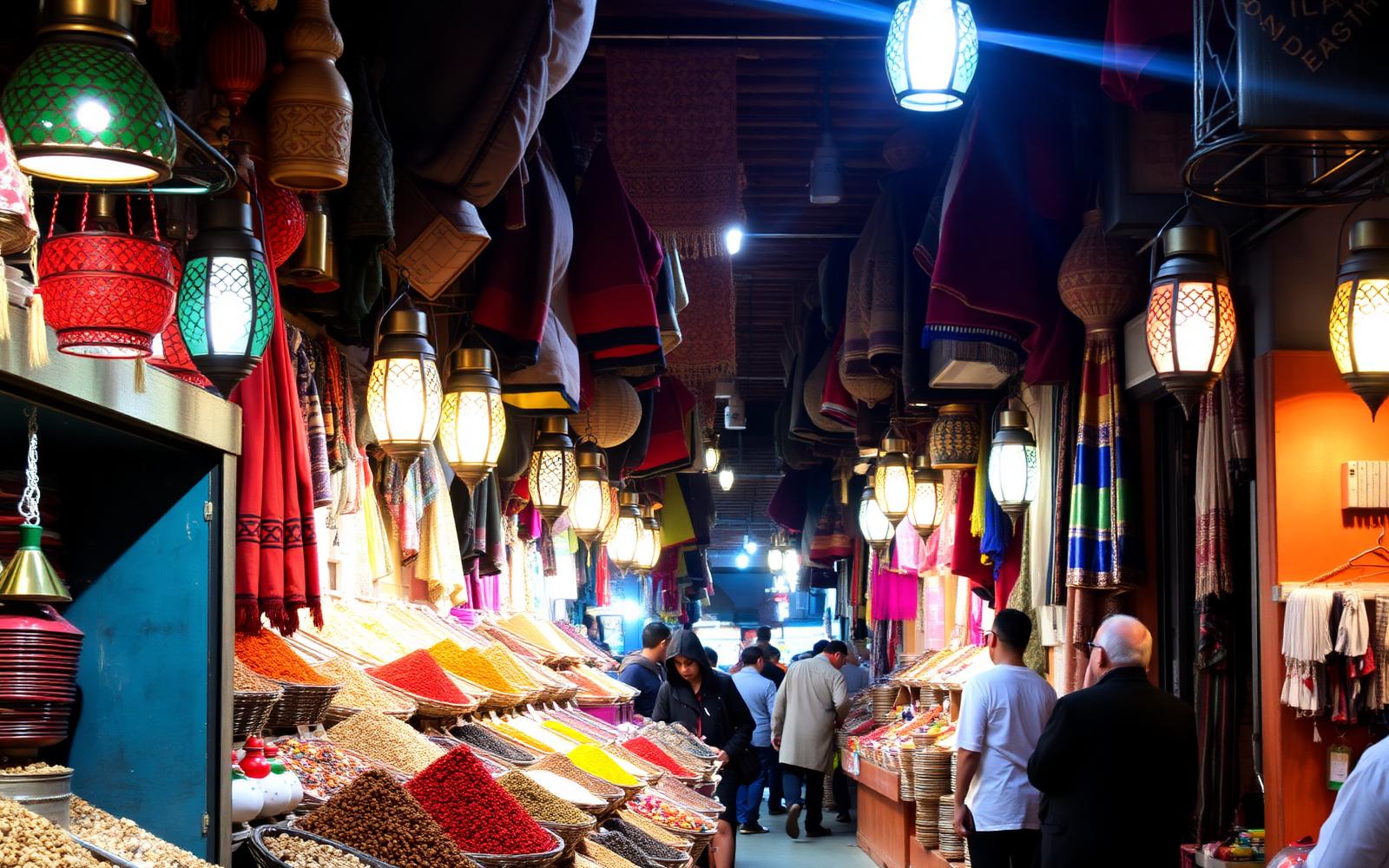 Colorful spices and hanging lanterns in a Marrakech souk