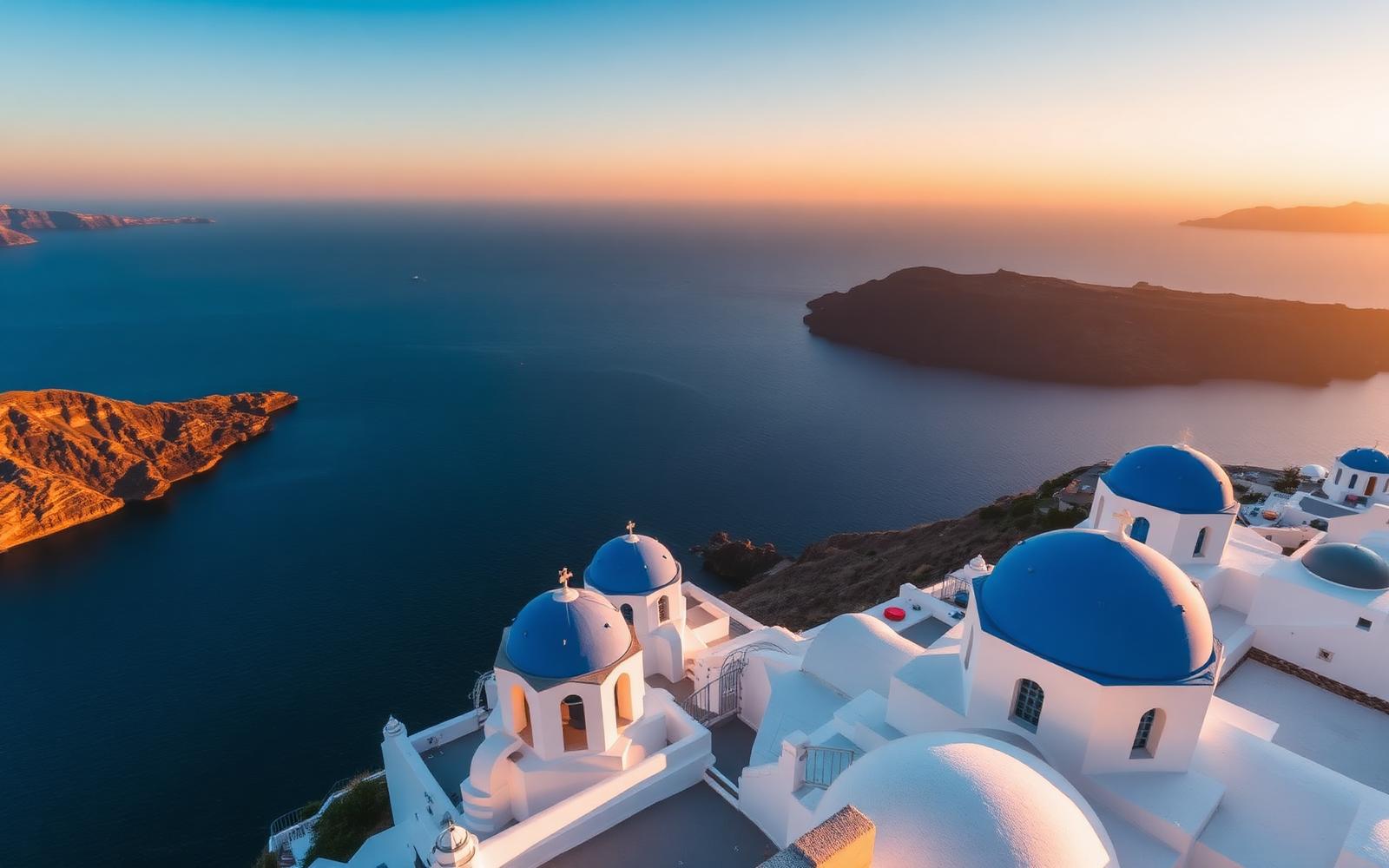 Blue domed churches of Oia at sunset over the Aegean